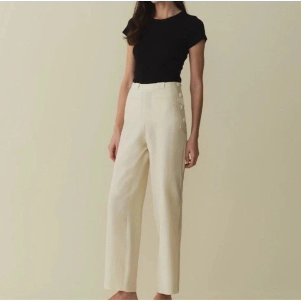 DÔEN Stratford Side Button Pants Magnolia‎ Cream Relaxed Straight Leg Size 6